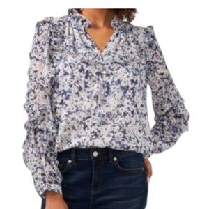 Vince Camuto Plus Size Floral-Print Ruffle- Blouse Top Steel Blue 3X NWT